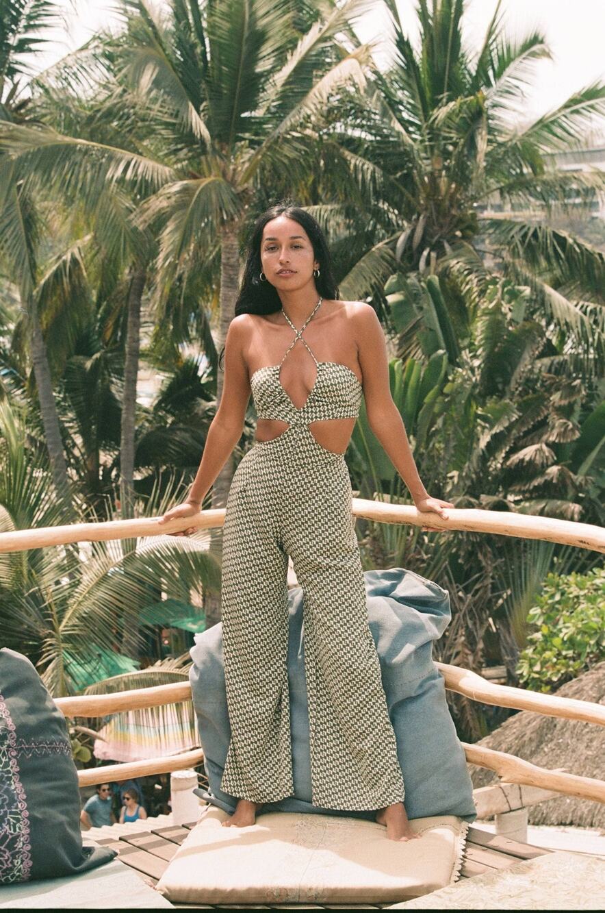Sur La Cote Belinda Jumpsuit Geometric Cut Out 70s Summer Boho Green Size XS